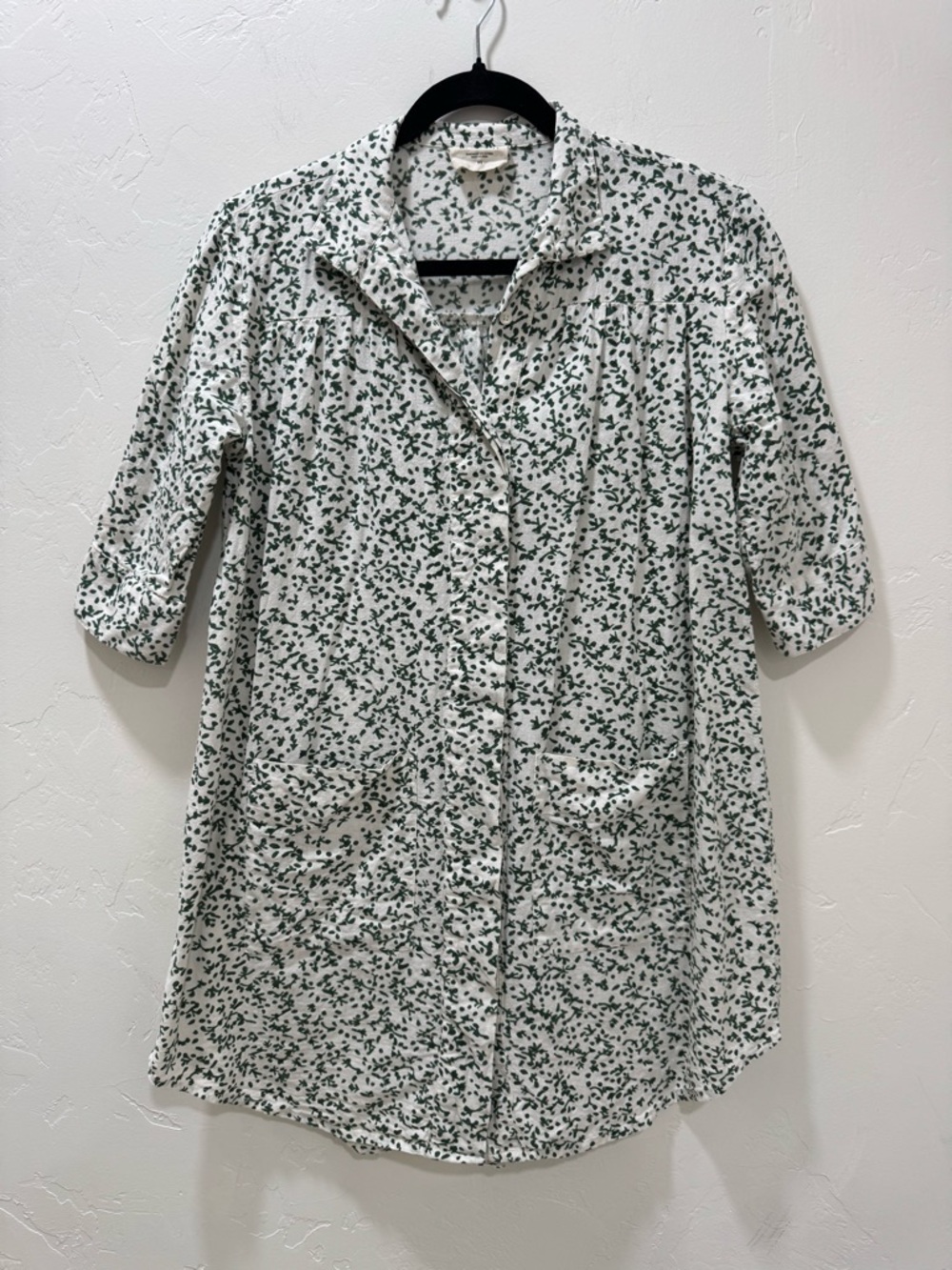 Mirth Mini Shirt Dress Tunic Button Front 100% Cotton White Green Women's XS